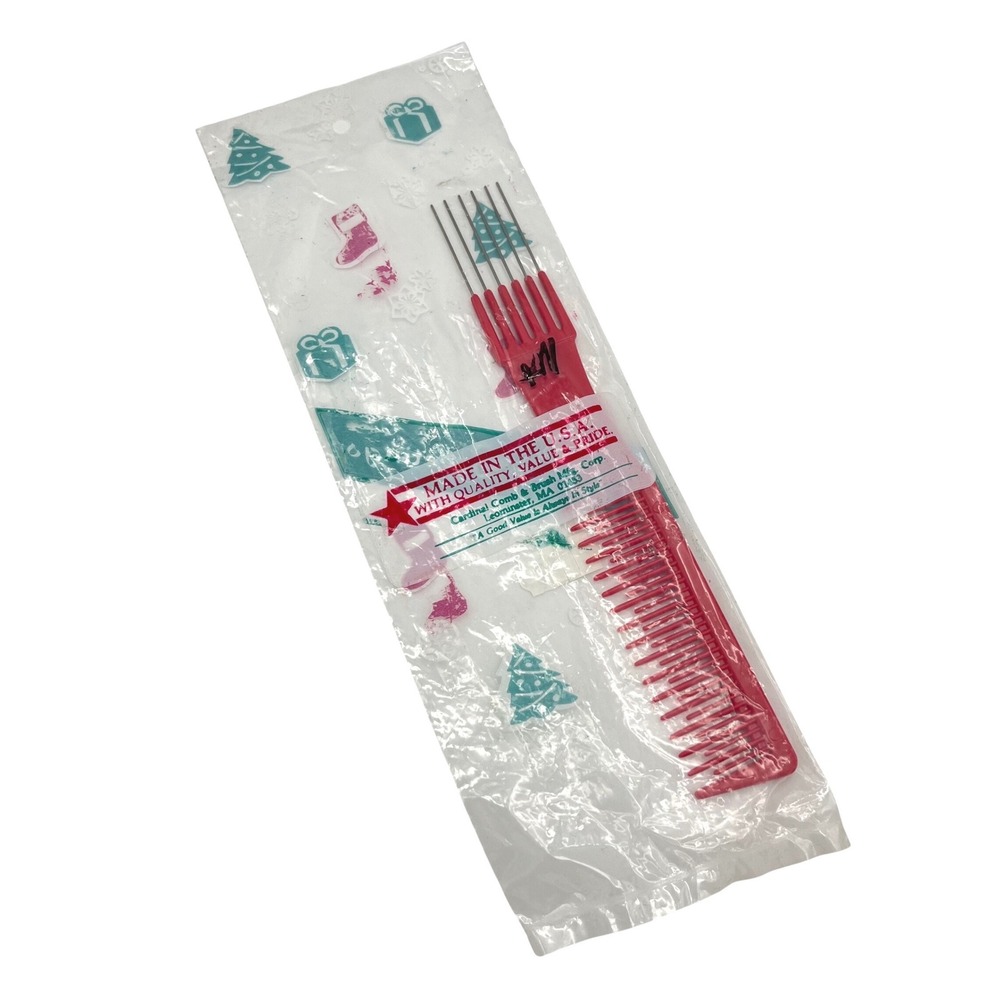 Vintage Cardinal Comb & Brush USA Red Plastic Metal Teasing Double Sided‎ Comb